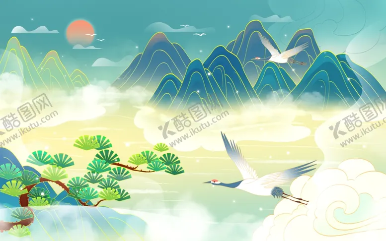 编号：88057702051334505529【酷图网】源文件下载-国潮山水插画背景图案中国风