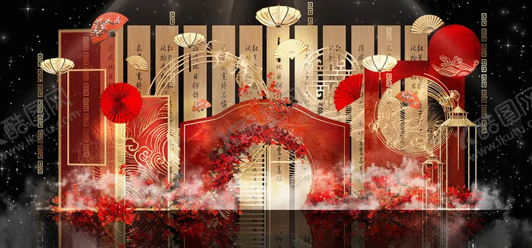 编号：33778607020439581697【酷图网】源文件下载-红金时尚轻奢中式婚礼效果图