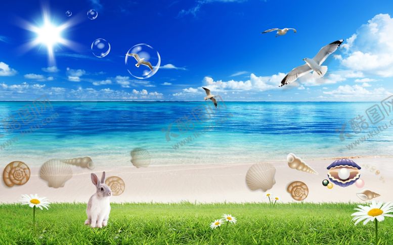 编号：66873109271151535811【酷图网】源文件下载-海边沙滩海鸥背景墙
