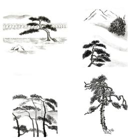 中国风水墨松树松枝迎客松水墨画背景素材免扣