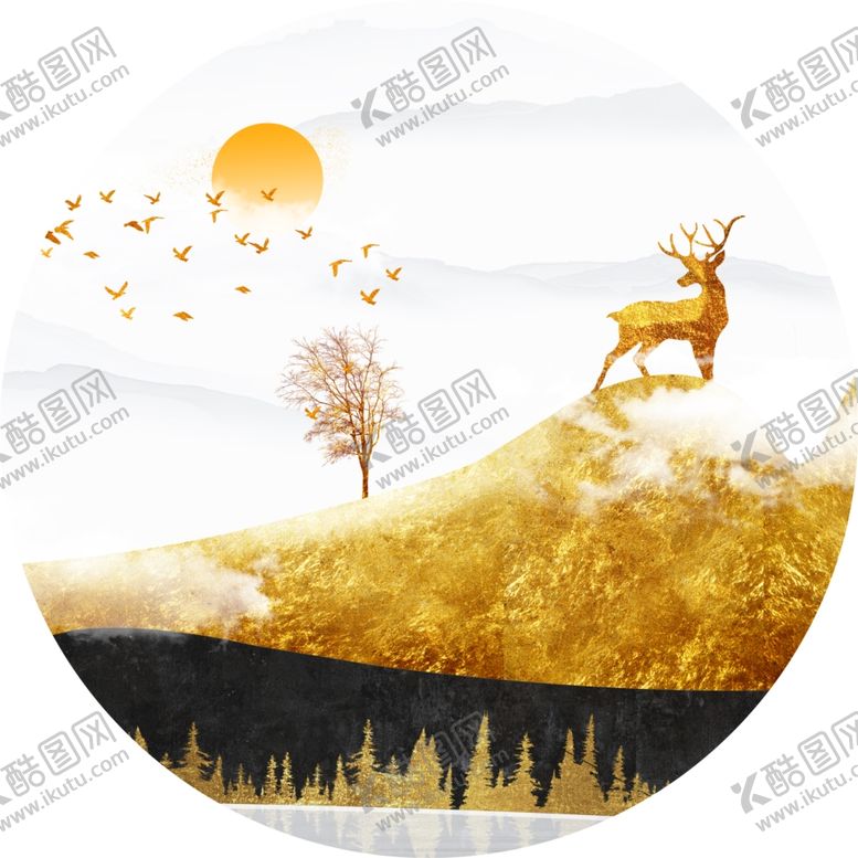编号：53328203242149551298【酷图网】源文件下载-金色麋鹿圆形装饰画