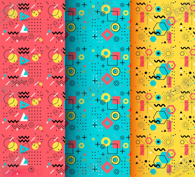 编号：24786610030111441826【酷图网】源文件下载-3款彩色孟菲斯风格无缝背景设计
