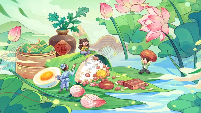 编号：21251506290550567579【酷图网】源文件下载-荷塘美食场景插画