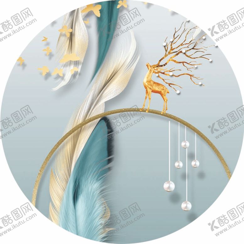 编号：99337912051102145279【酷图网】源文件下载-麋鹿轻奢羽毛圆形挂画装饰画