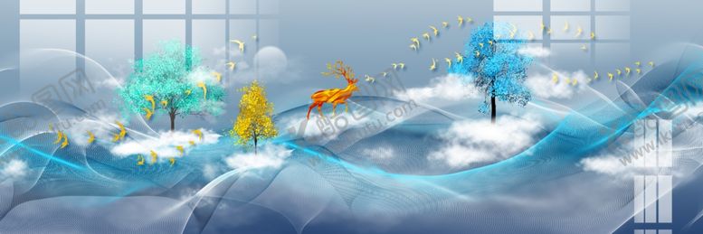 编号：18154510031705037741【酷图网】源文件下载-麋鹿山水客厅装饰画