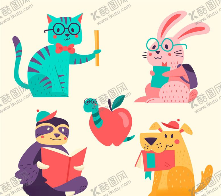 编号：44541806280020295557【酷图网】源文件下载-5款创意校园动物矢量素材
