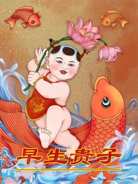新年锦鲤年画娃娃手绘复古肌理风