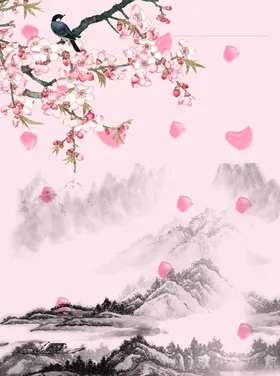 桃花竹子仙鹤中式背景墙