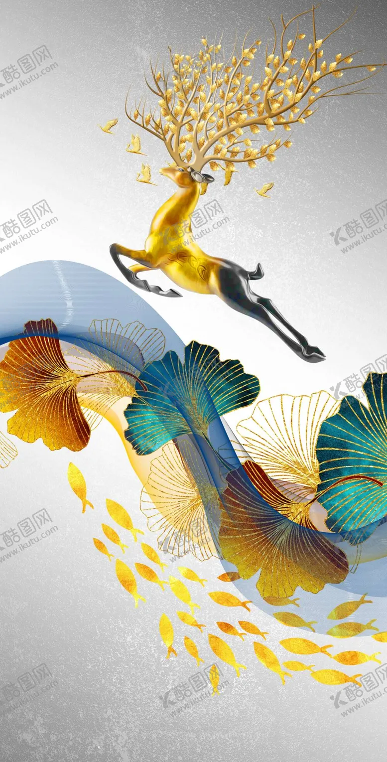 编号：26358009191603284053【酷图网】源文件下载-轻奢装饰画 弧线杏叶麋鹿