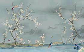 花鸟画工笔画梅花背景墙
