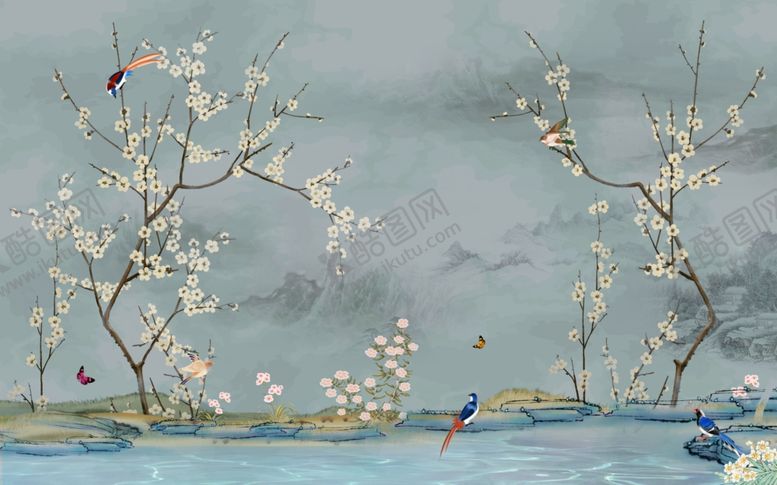 编号：90384010250900536599【酷图网】源文件下载-花鸟画工笔画梅花背景墙