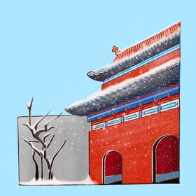 雪中的古建筑水墨画PNG免抠