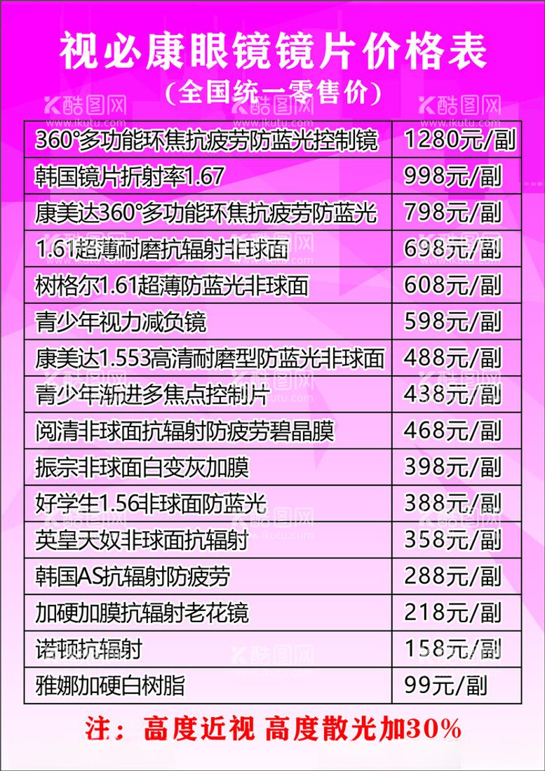 编号：37927812040545179267【酷图网】源文件下载-眼镜价目表