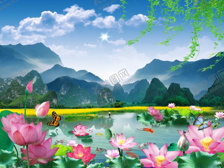 编号：18078105061339332265【酷图网】源文件下载-桂林山水荷塘荷花池塘鲤鱼
