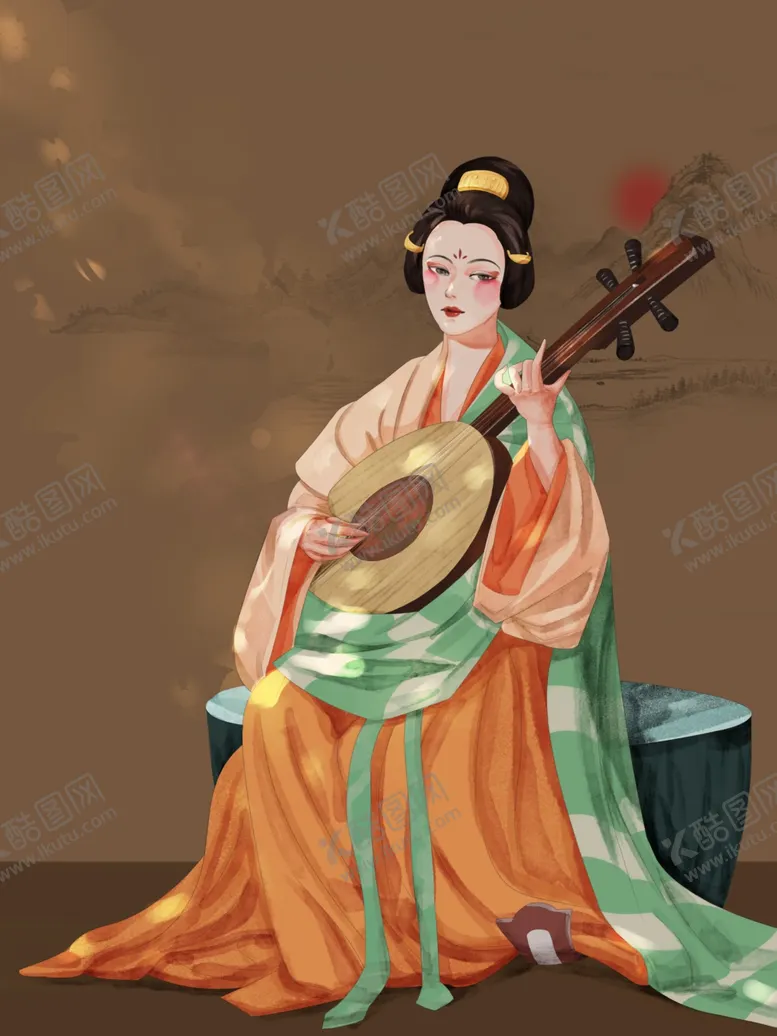 编号：99642703241703429203【酷图网】源文件下载-唐美人弹琴插画