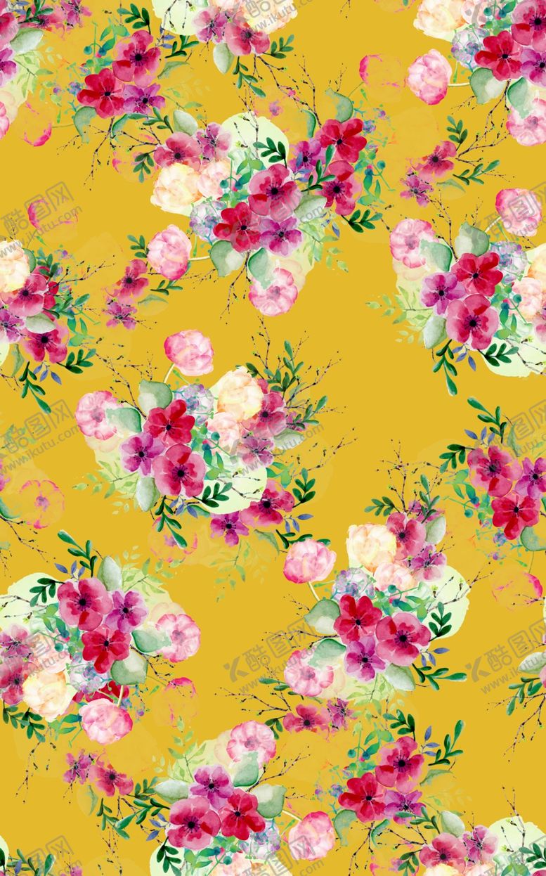 编号：16773110092243283903【酷图网】源文件下载-数码印花黄色底淡黄红绿花朵