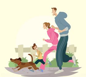 父母孩子小狗跑步三口人