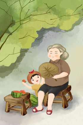 夏季乘凉人物老奶奶插画背景素材