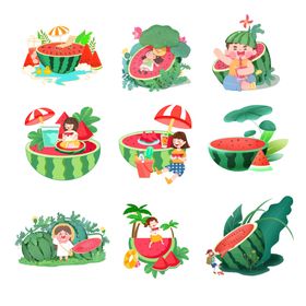 西瓜主题夏日场景插画