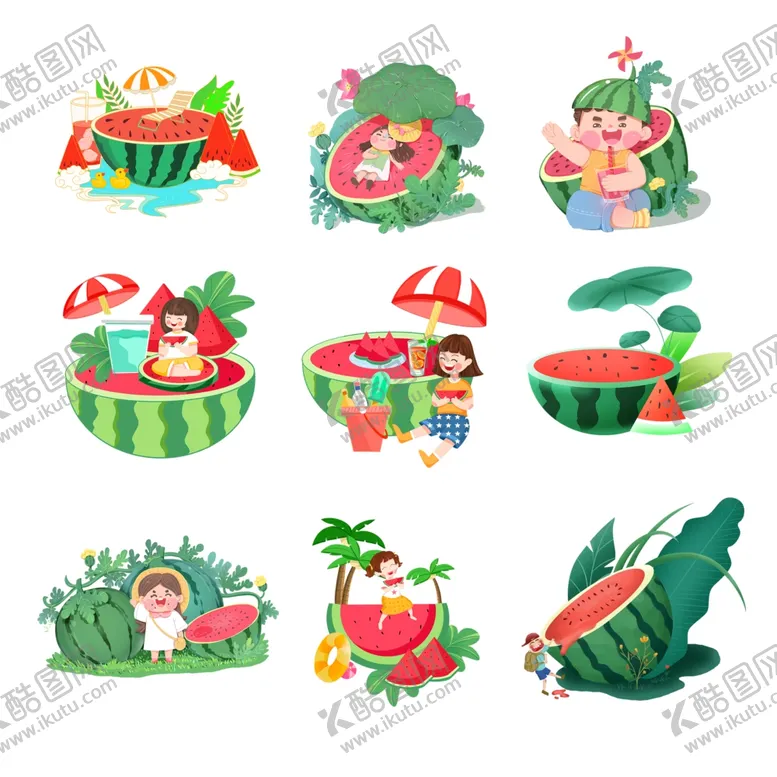 编号：34566106300701011853【酷图网】源文件下载-夏日西瓜主题卡通插画元素