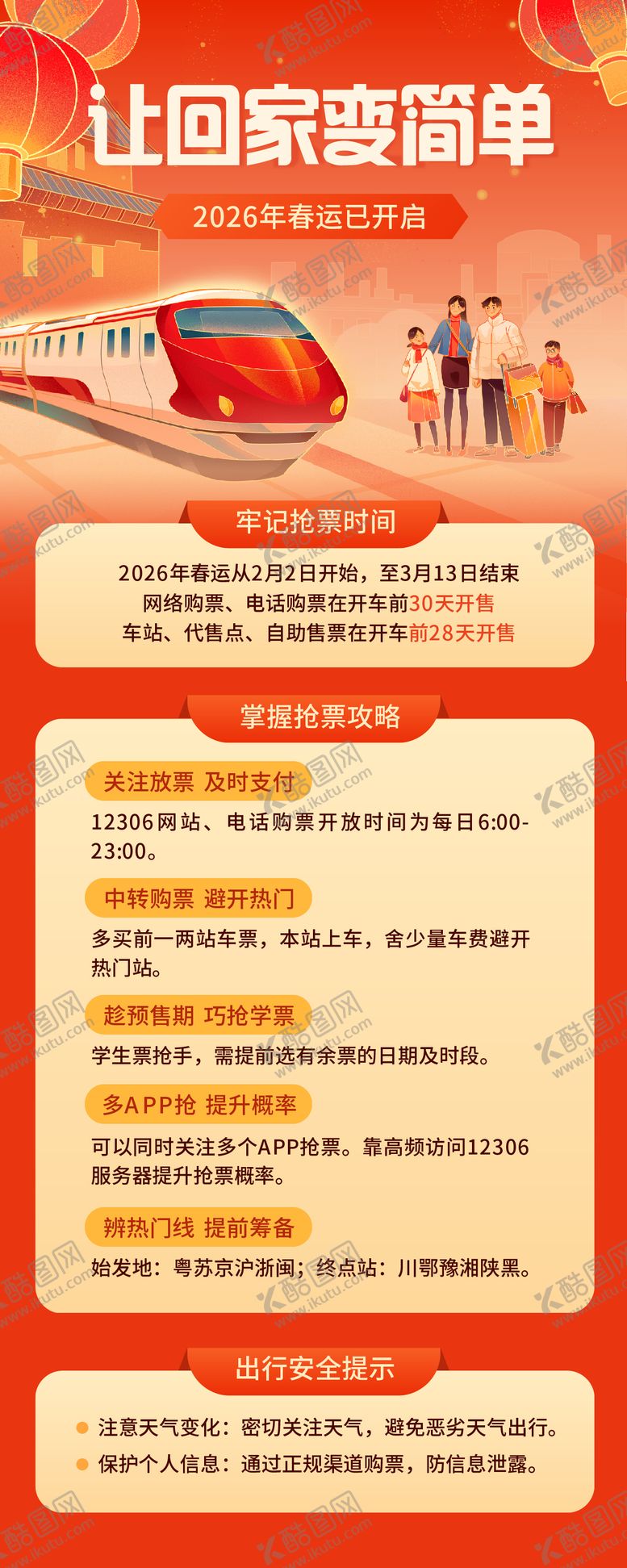 编号：65666902111340416036【酷图网】源文件下载-红橙色渐变插画春运抢票攻略长图