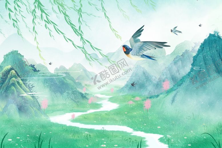 编号：86261707021656468674【酷图网】源文件下载-春日山水间飞鸟图