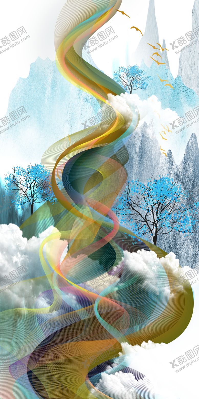编号：20171810211243036706【酷图网】源文件下载-新中式现代轻奢艺术抽象风景装饰