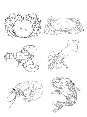 手绘海鲜线描食物食物线稿