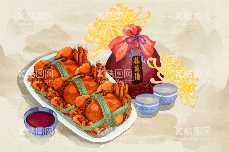 编号：36138311280627547738【酷图网】源文件下载-美酒大闸蟹插画