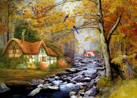 油画枫叶林乡间小屋风景
