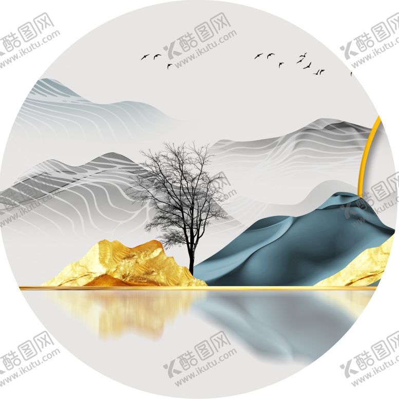 编号：70210911302104518438【酷图网】源文件下载-水墨湖畔唯美风景画圆形挂画
