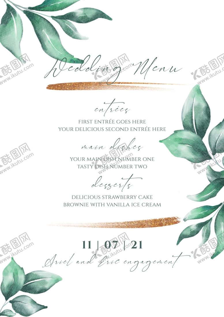 编号：80223409181657411118【酷图网】源文件下载-美丽叶子婚礼请柬和菜单模板