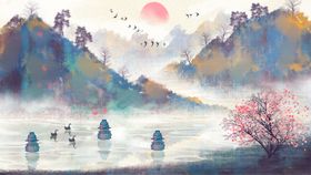 中国风桃花山水背景