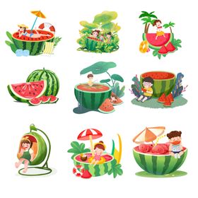 西瓜主题夏日场景插画