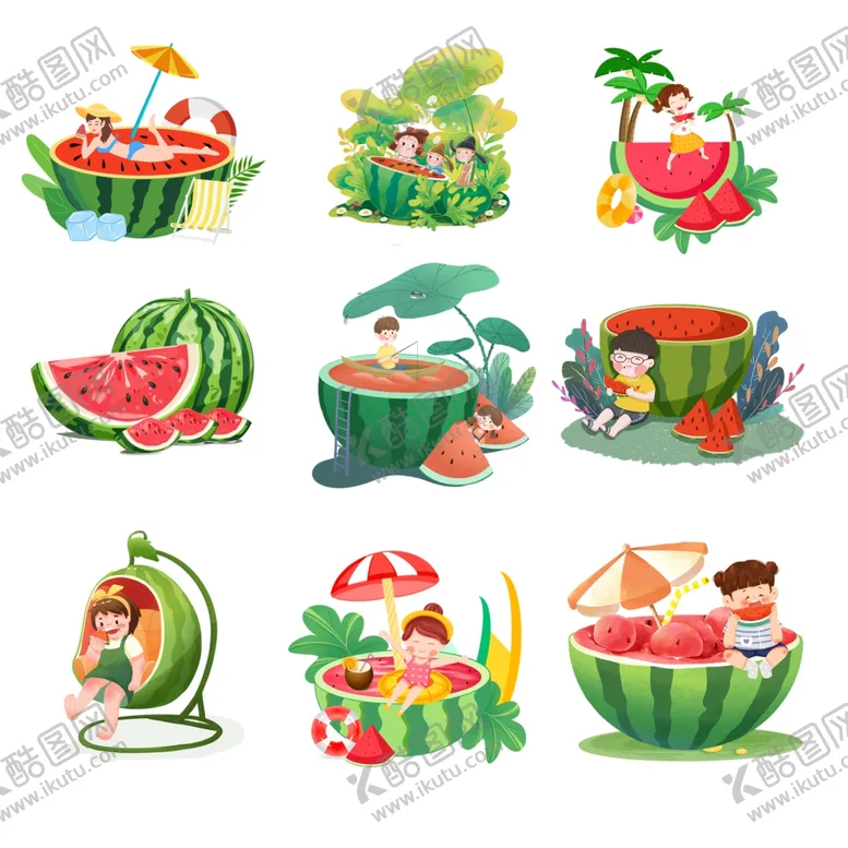 编号：13551306300004504629【酷图网】源文件下载-夏日西瓜主题趣味插画