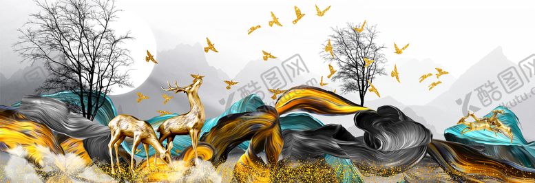 编号：98031410101705421025【酷图网】源文件下载-金色麋鹿意境山水装饰画