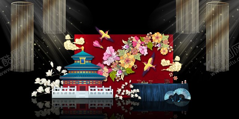 编号：14891604211550545051【酷图网】源文件下载-中式婚礼舞台效果图