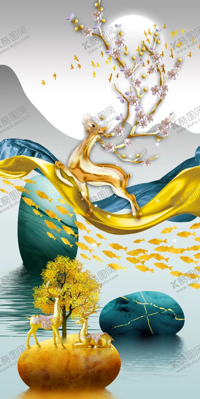 编号：48604306270019437048【酷图网】源文件下载-新中式麋鹿装饰画
