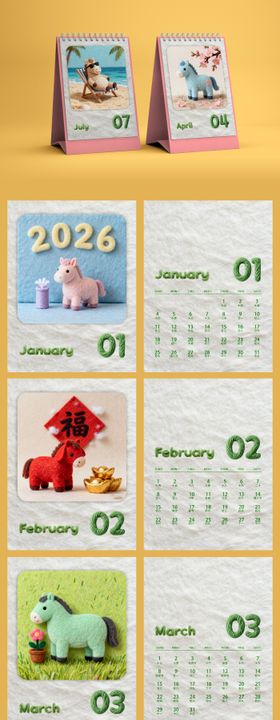 羊毛毡童趣小马2026台历