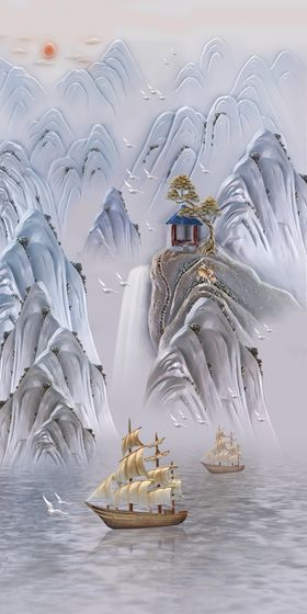 迎客松国画山水玄关背景墙
