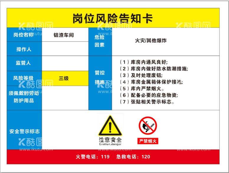 编号：83342010191000093172【酷图网】源文件下载-铝渣车间风险告知卡