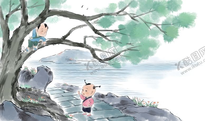 编号：71083409101238567730【酷图网】源文件下载-爬树玩耍儿童国风插画卡通背景