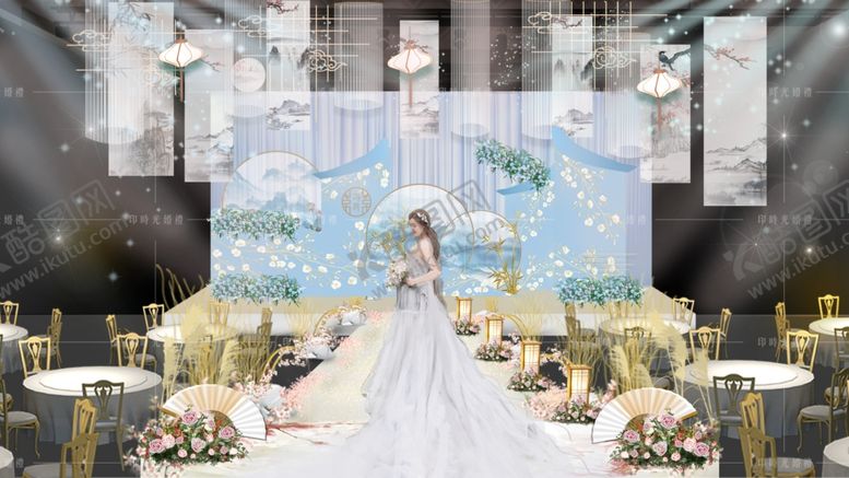 编号：33710606241905371099【酷图网】源文件下载-新中式蓝色婚礼效果婚礼背景