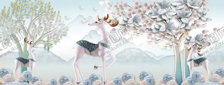 编号：56221003151655294303【酷图网】源文件下载-3D立体浮雕麋鹿三联画