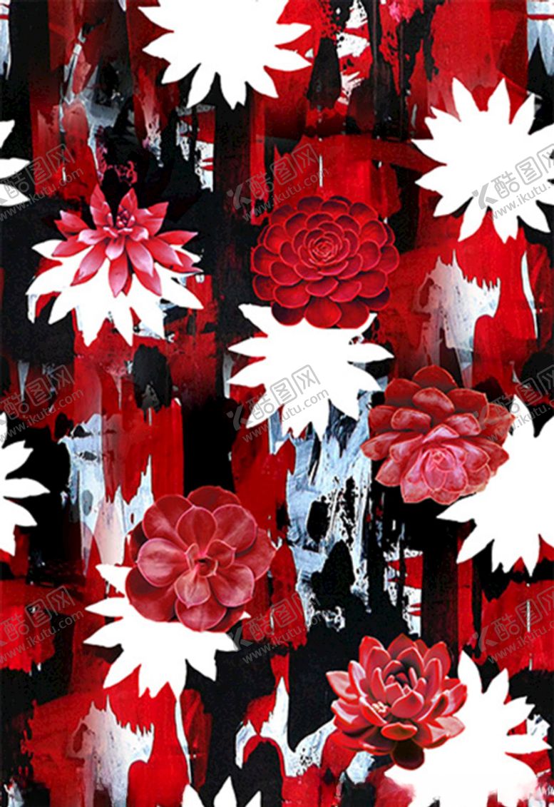 编号：13067309152321154005【酷图网】源文件下载-数码印花黑竖条红花