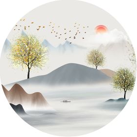 水墨山水湖畔风景画圆形挂画