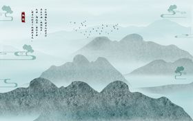 水墨山水手绘电视沙发背景墙