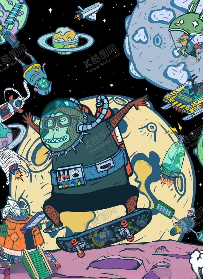 编号：34847310151553243214【酷图网】源文件下载-蒸汽波时尚滑板猩猩插画