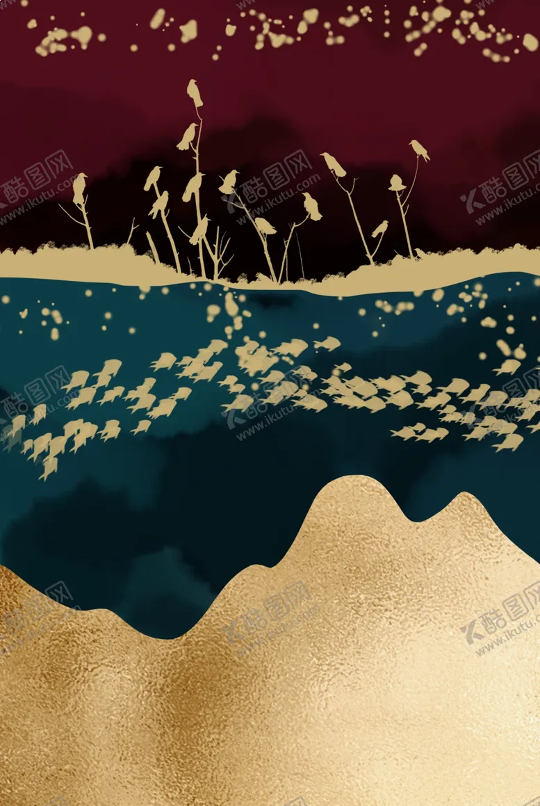 编号：33295502120953112772【酷图网】源文件下载-线条晕染纹理鎏金色块装饰画