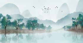 山水古风国风壁画墙贴装饰素材